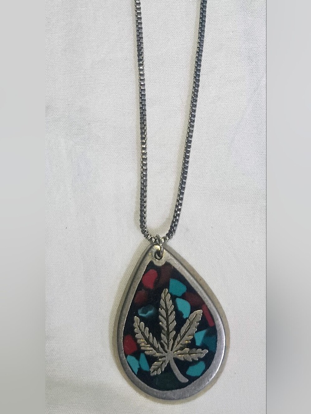 Silver Teardrop Pendant Necklace with Turquoise & Red Inlay